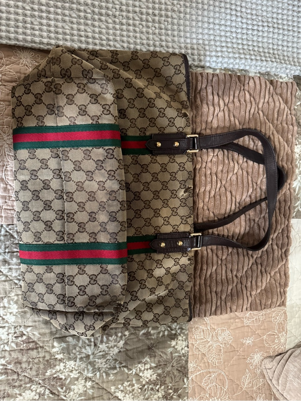 Gucci Beige GG Canvas Tote with Brown Leather Trim and Red-Green Web Stripe - Picture 2 of 12
